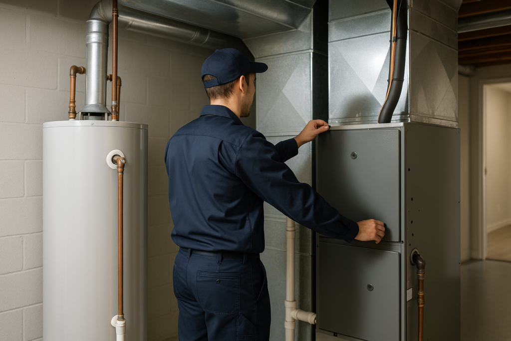 Photorealistic professional technician in clean navy uniform inspecting both a water heater and near