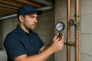 Photorealistic professional plumber in clean navy uniform using a water pressure gauge on a main sup