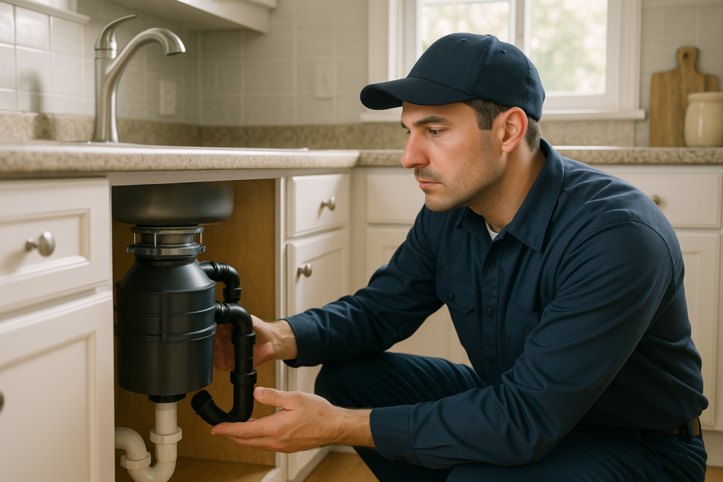 Photorealistic professional plumber in clean navy uniform inspecting a garbage disposal unit under a