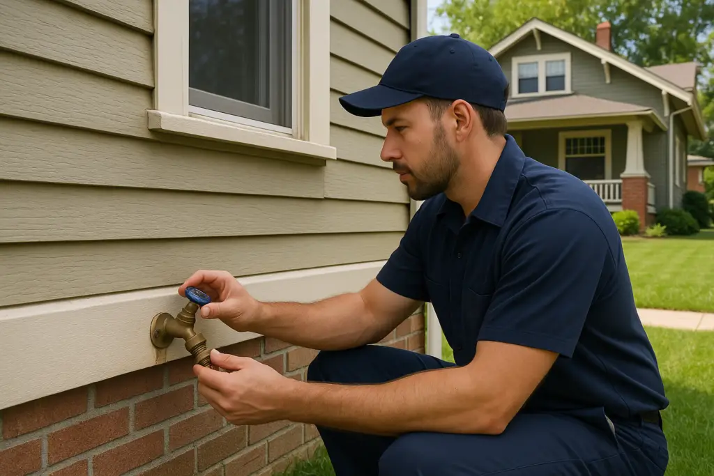 Photorealistic professional plumber in clean navy uniform inspecting an outdoor brass hose bib on th