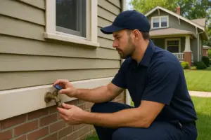 Photorealistic professional plumber in clean navy uniform inspecting an outdoor brass hose bib on th