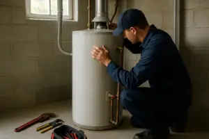 Photorealistic professional plumber in clean navy uniform inspecting a traditional tank water heater