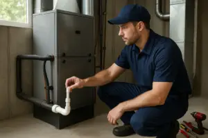 Photorealistic professional HVAC and plumbing technician in clean navy uniform inspecting an AC air
