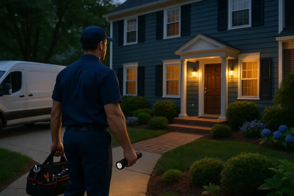 Photorealistic professional plumber in clean navy uniform arriving at a well-maintained Westerville