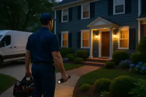 Photorealistic professional plumber in clean navy uniform arriving at a well-maintained Westerville