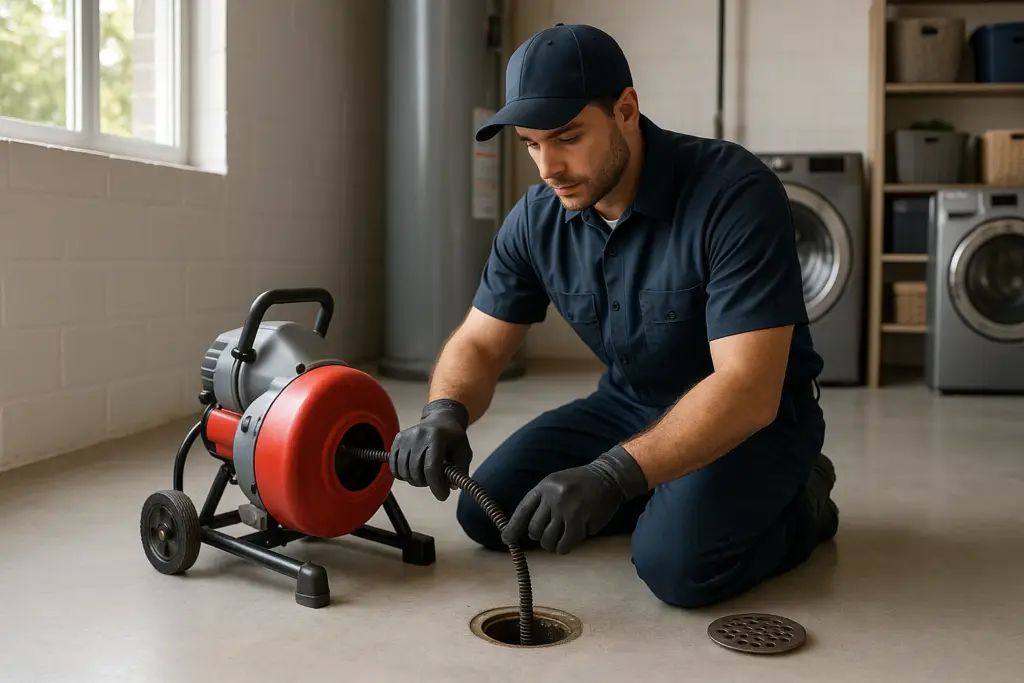 Photorealistic professional plumber in clean navy uniform using a motorized drain snake on a basemen