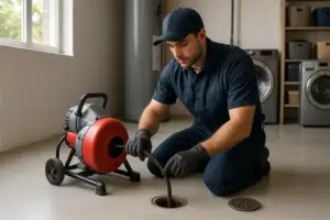 Photorealistic professional plumber in clean navy uniform using a motorized drain snake on a basemen