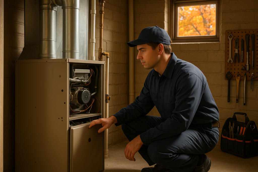 Photorealistic professional HVAC and plumbing technician in clean navy uniform inspecting a resident
