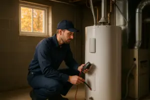 Photorealistic professional HVAC and plumbing technician in clean navy uniform performing a water he
