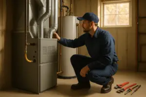 Photorealistic professional plumber in clean navy uniform inspecting a residential furnace and water