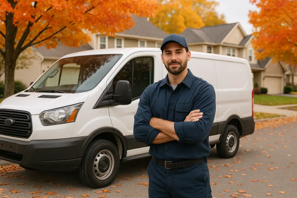 Photorealistic professional plumber in clean navy uniform standing next to a service van in a Dublin