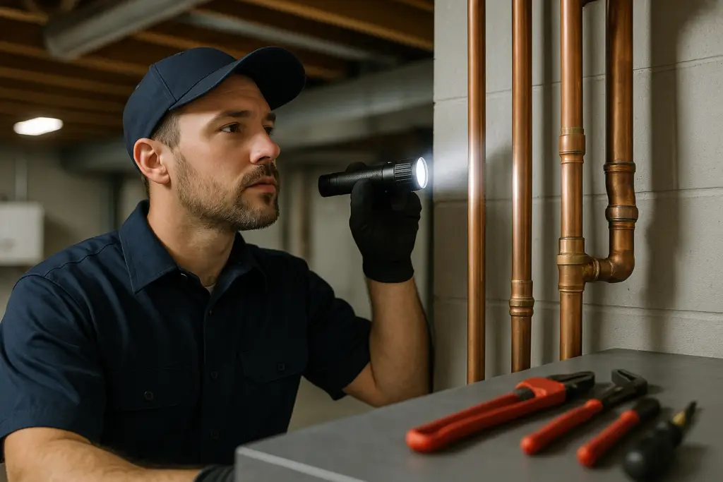 Photorealistic professional plumber in clean navy uniform using a flashlight to inspect copper pipes