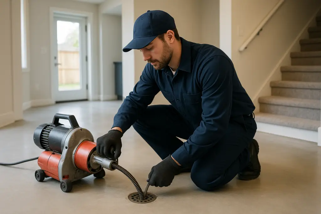 Photorealistic professional plumber in clean navy uniform using a motorized drain snake on a basemen