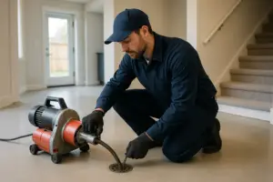 Photorealistic professional plumber in clean navy uniform using a motorized drain snake on a basemen