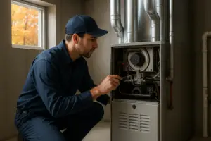 Photorealistic professional HVAC technician in clean navy uniform inspecting a residential gas furna