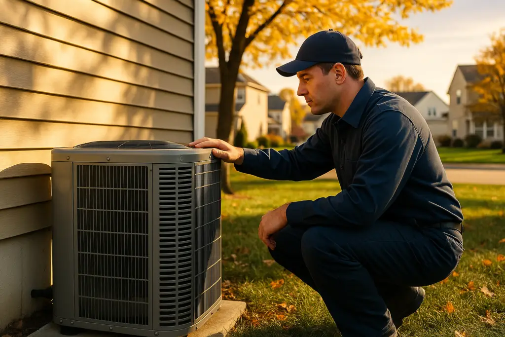 Photorealistic professional HVAC technician in clean navy uniform inspecting an outdoor AC condenser