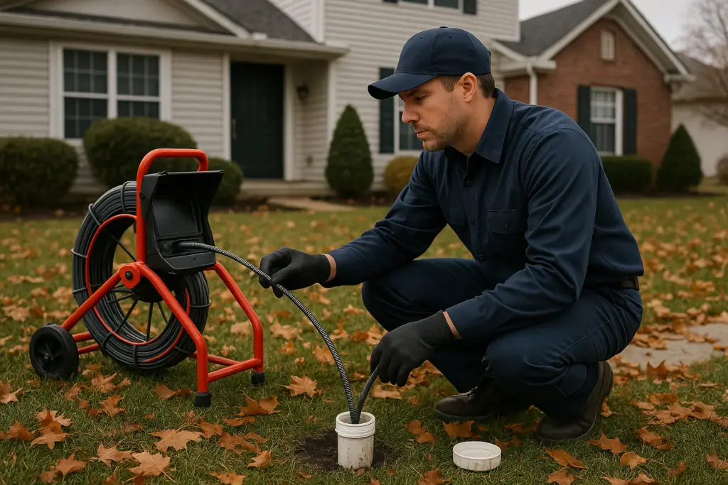 Photorealistic professional plumber in clean navy uniform performing a sewer camera inspection throu