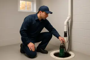 Photorealistic professional plumber in clean navy uniform inspecting a sump pump system in a dry wel