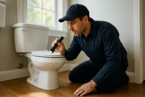 Photorealistic professional plumber in clean navy uniform kneeling beside a white toilet in a well-l