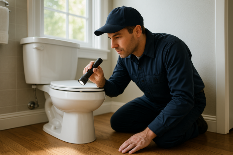 Transit Flow Local Plumber Near Columbus Ohio 13 Photorealistic Professional Plumber In Clean Navy Uniform Kneeling Beside A White Toilet In A Well-L