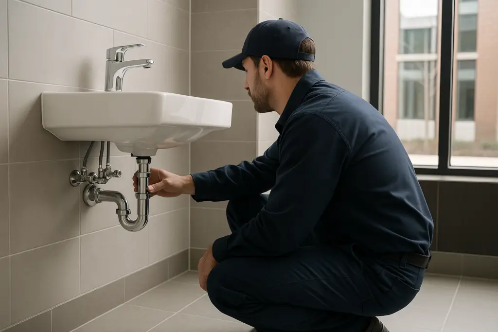 Photorealistic professional plumber in clean navy uniform inspecting a commercial restroom sink and