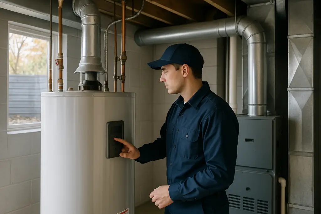 Photorealistic professional technician in clean navy uniform inspecting a tank water heater beside a